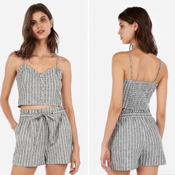 Express High Rise Striped Paperbag Waist Linen Shortie Shorts MEDIUM - Picture 2 of 13